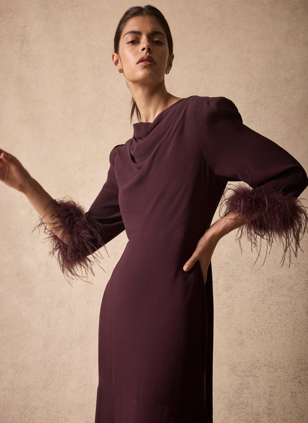 Burgundy Feather Trim Midi Dress