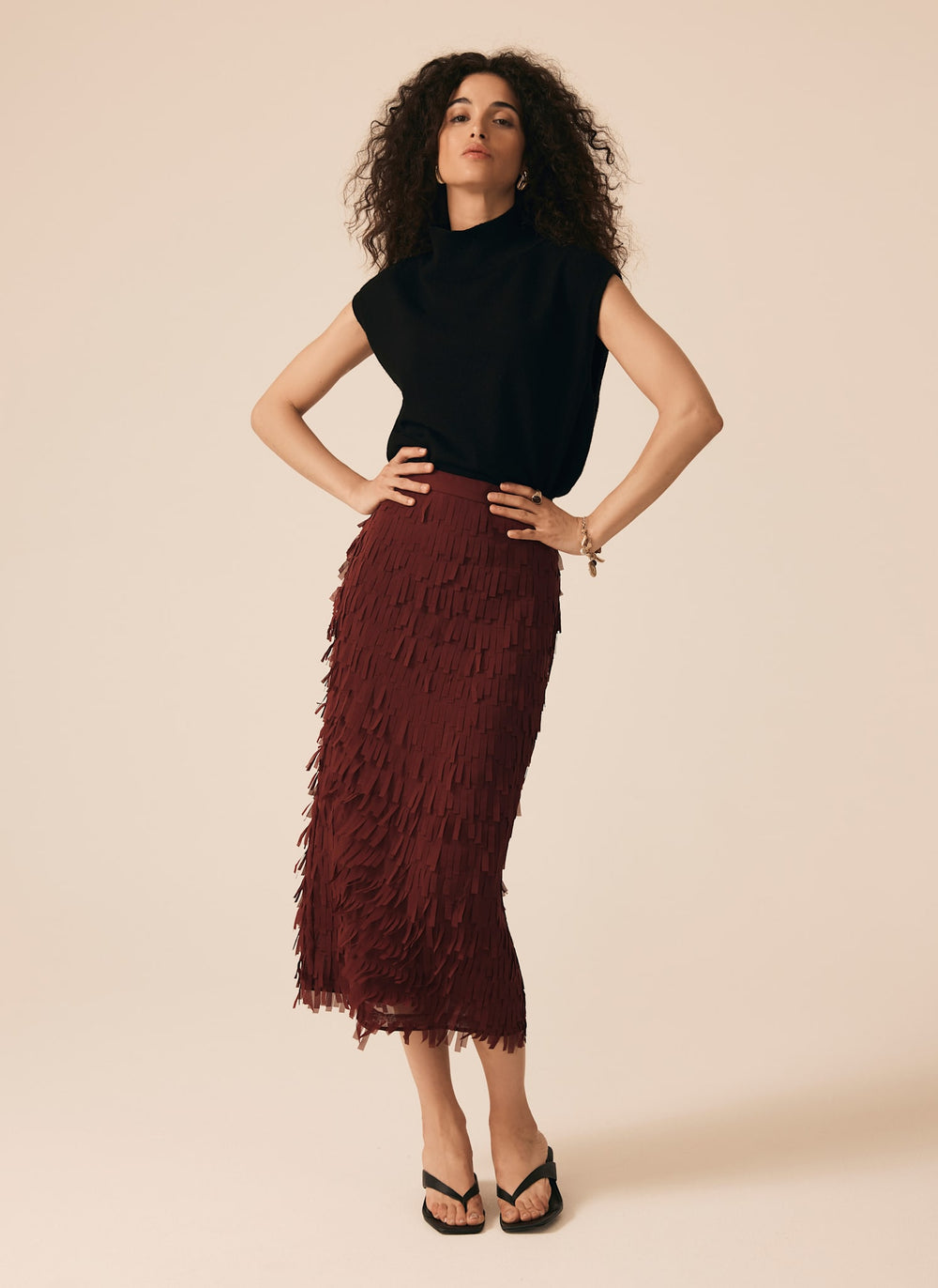 Burgundy Fringed Midi Skirt