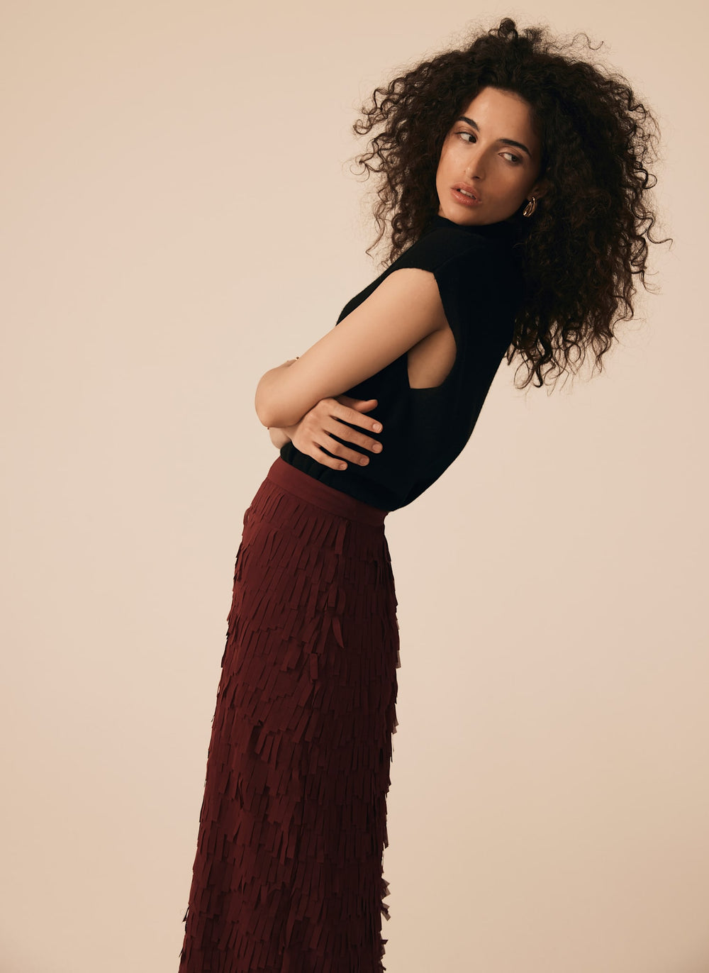 Burgundy Fringed Midi Skirt