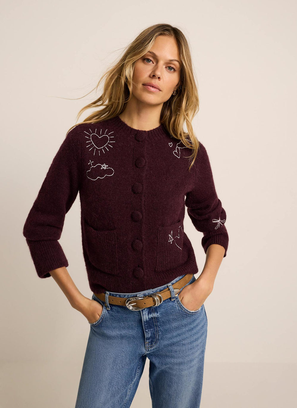 Burgundy Embroidered Motif Knit Cardigan