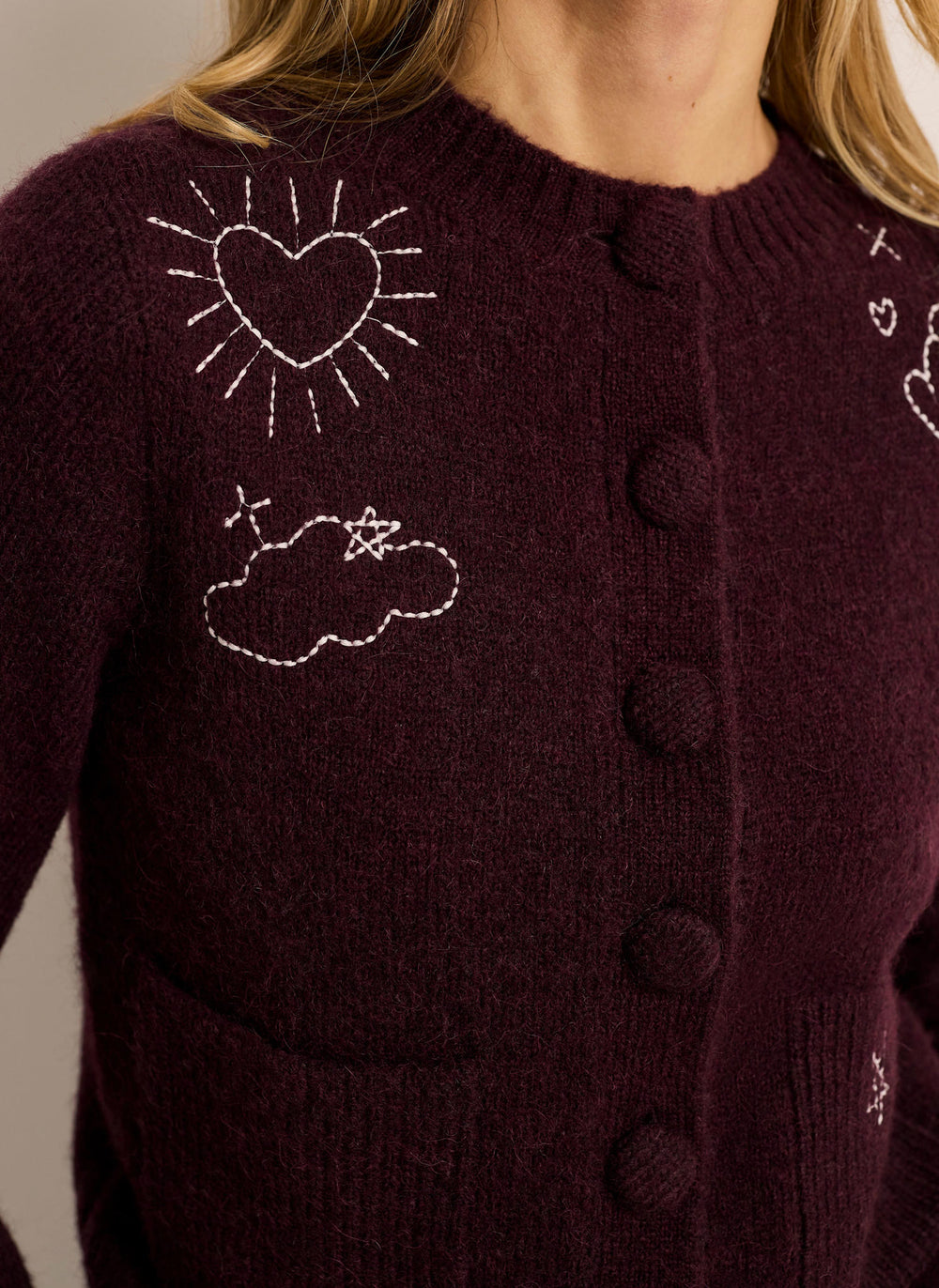 Burgundy Embroidered Motif Knit Cardigan