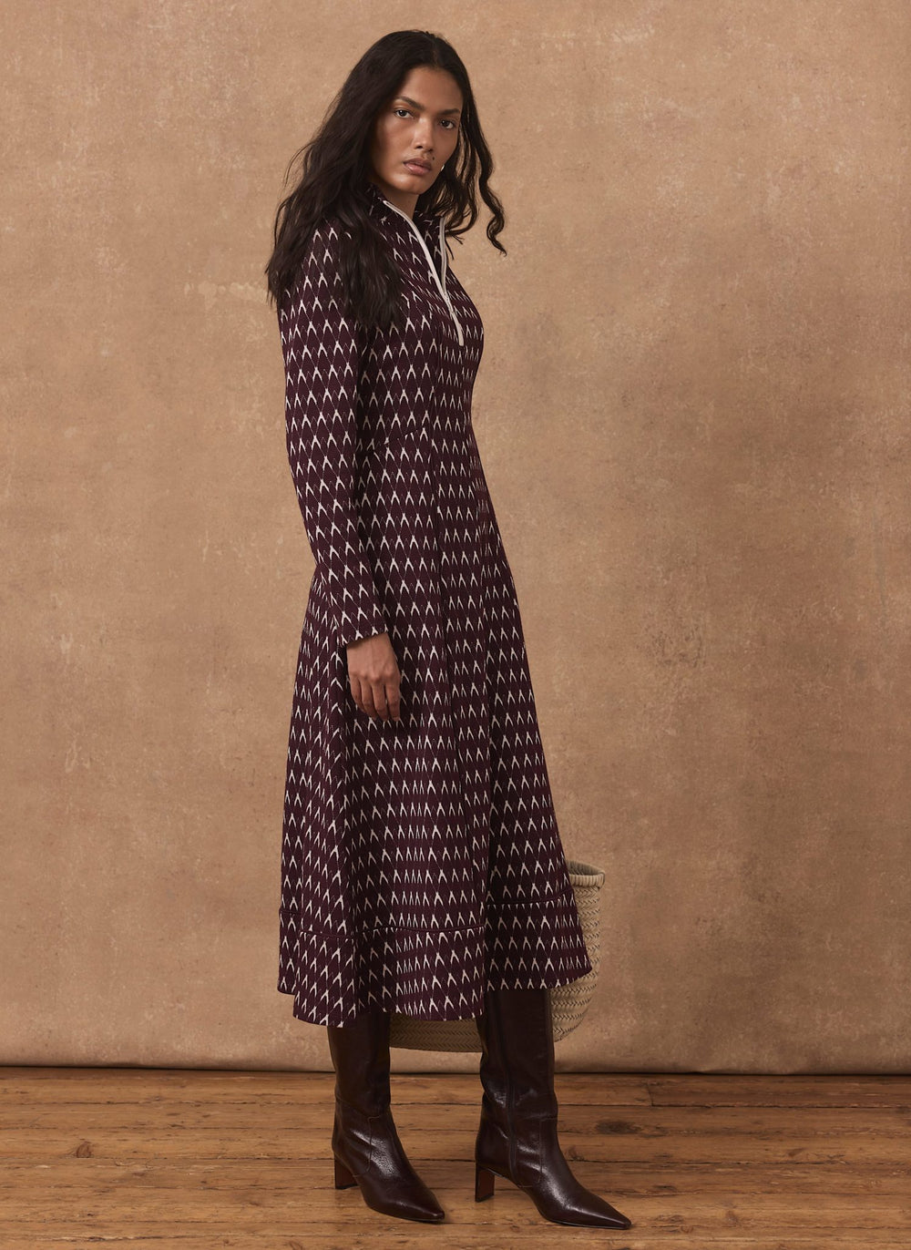 Burgundy Jacquard Midi Dress