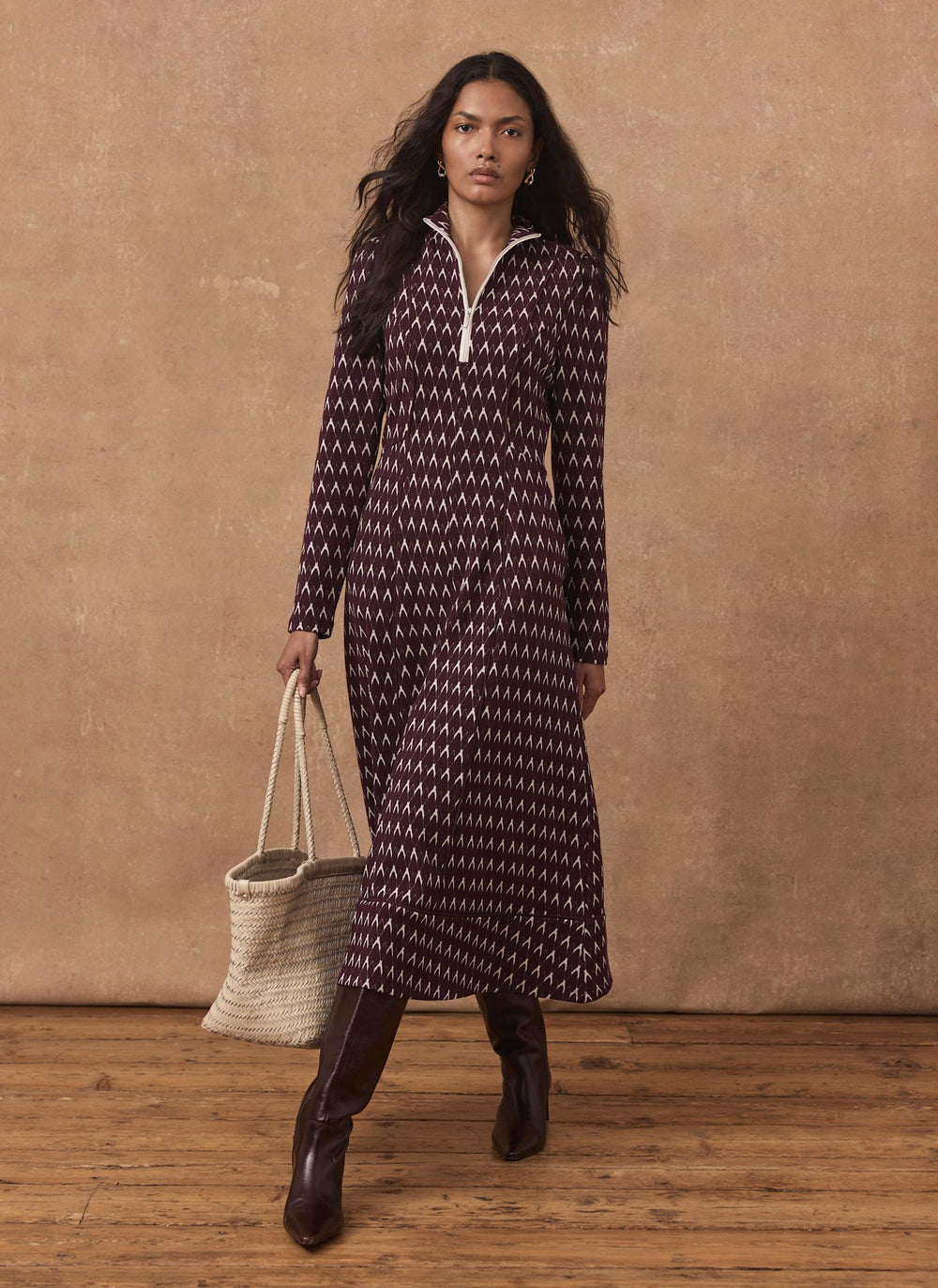 Burgundy Jacquard Midi Dress