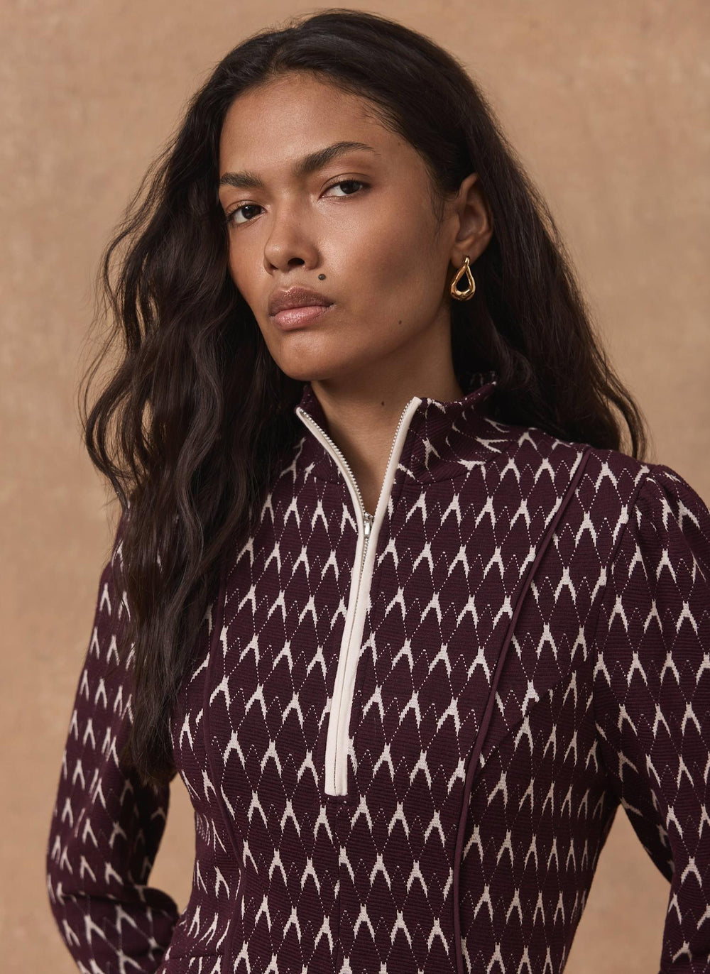 Burgundy Jacquard Midi Dress