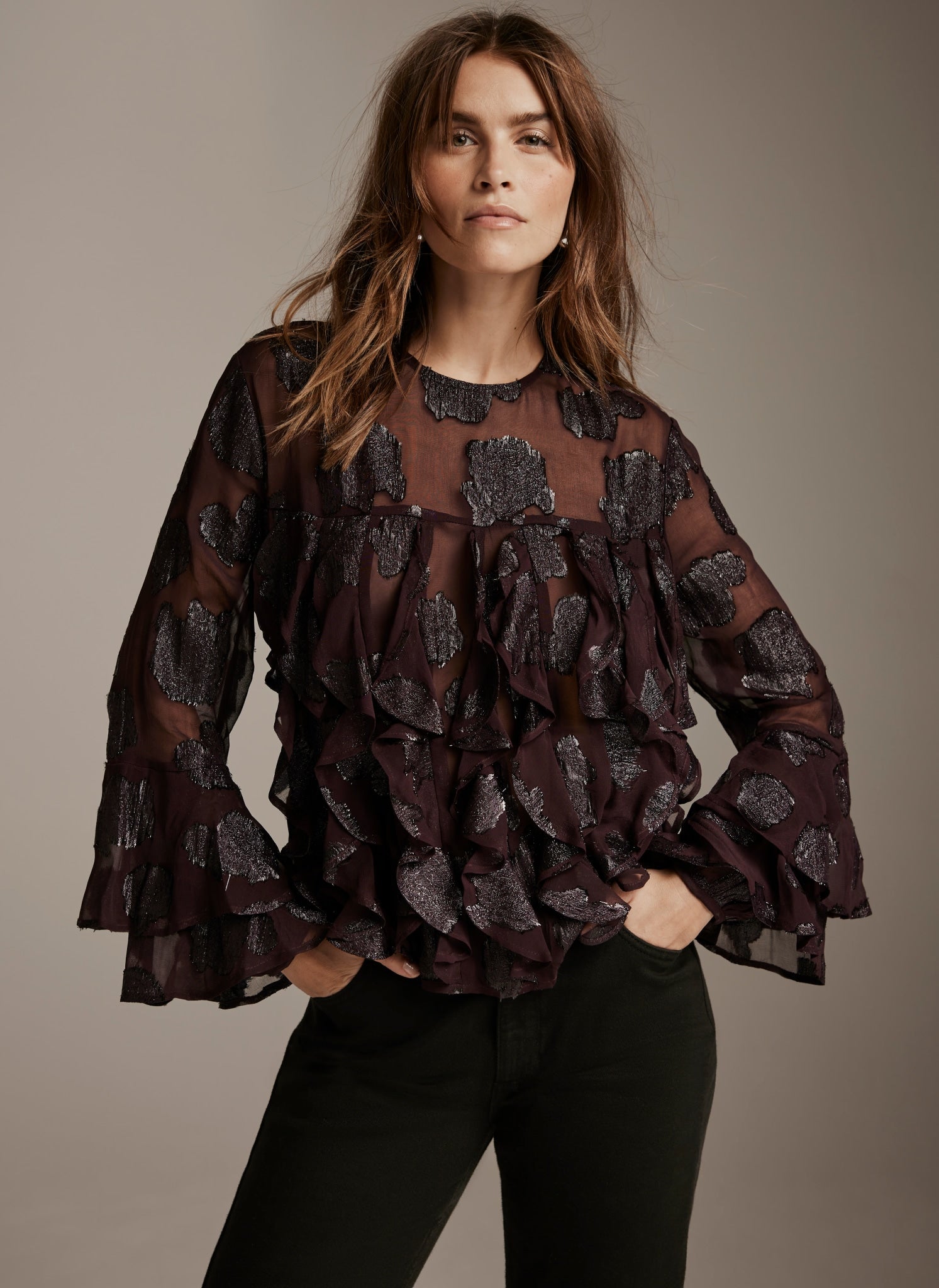 Burgundy Jacquard Ruffle Top – Mint Velvet