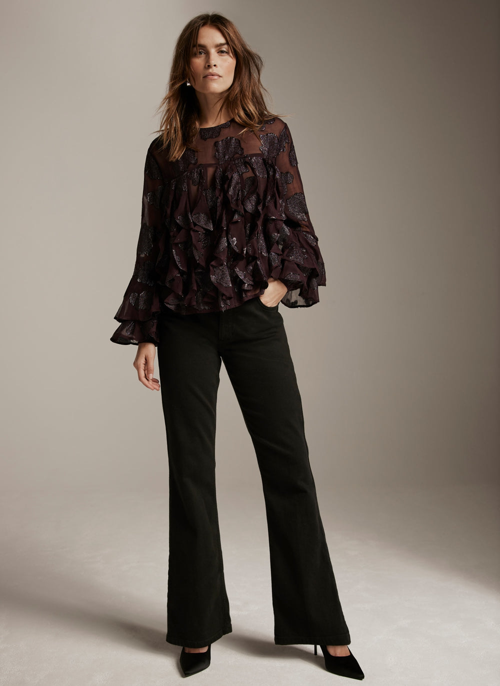 Burgundy Jacquard Ruffle Top