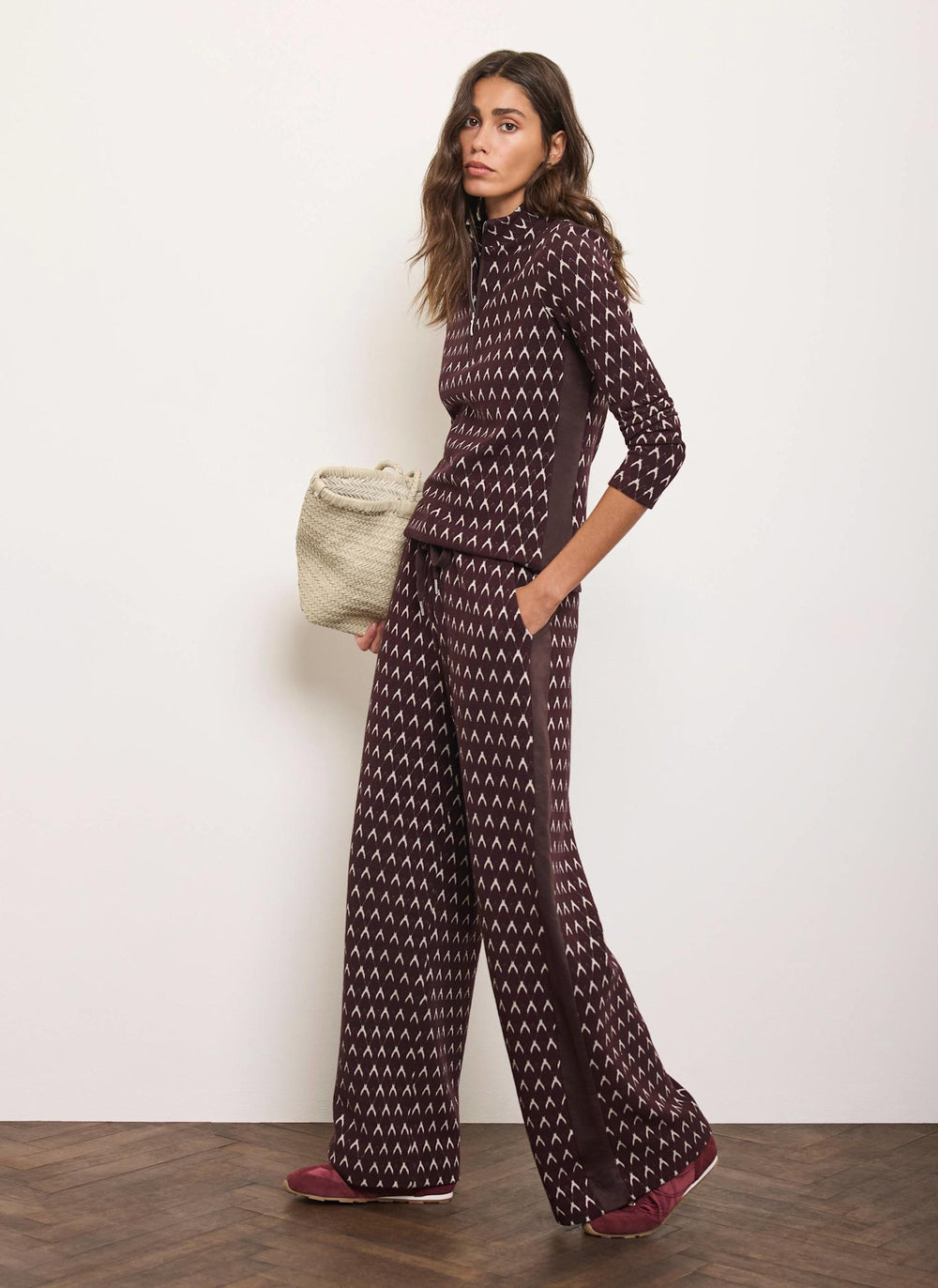Burgundy Jacquard Wide Leg Trousers