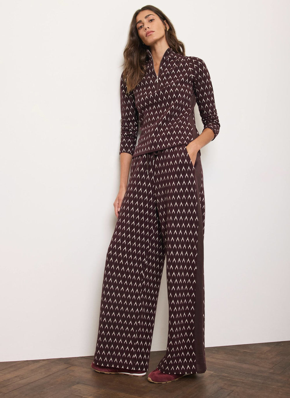 Burgundy Jacquard Wide Leg Trousers