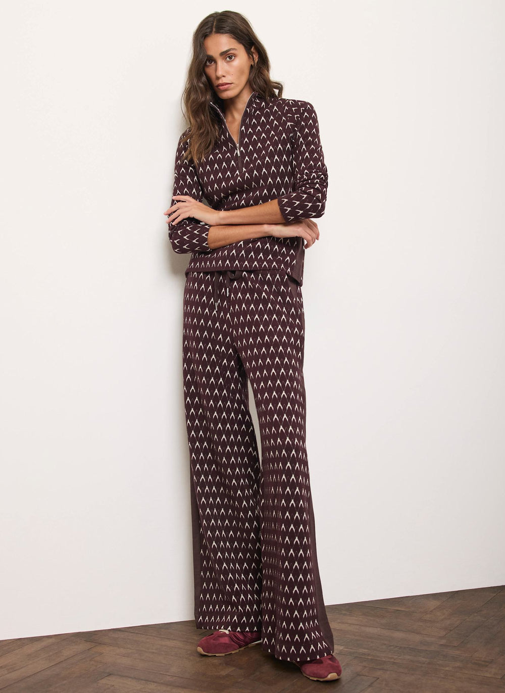Burgundy Jacquard Wide Leg Trousers