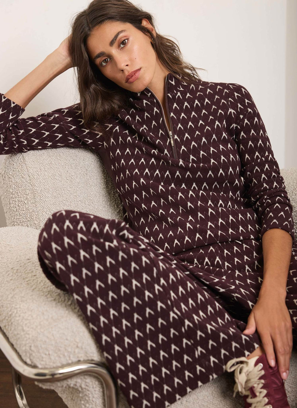 Burgundy Jacquard Half Zip Top
