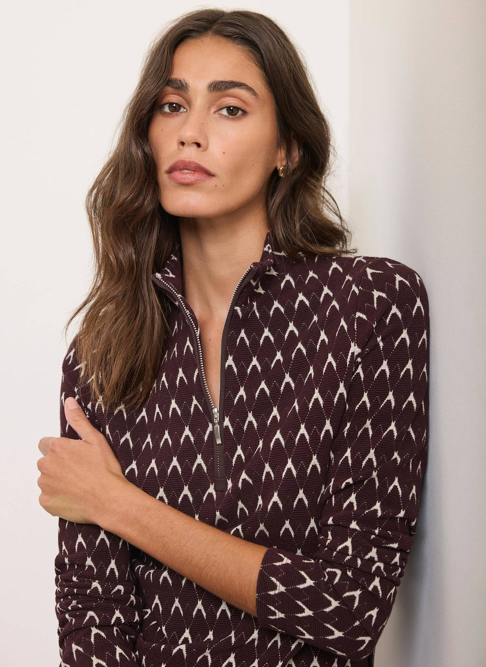 Burgundy Jacquard Half Zip Top