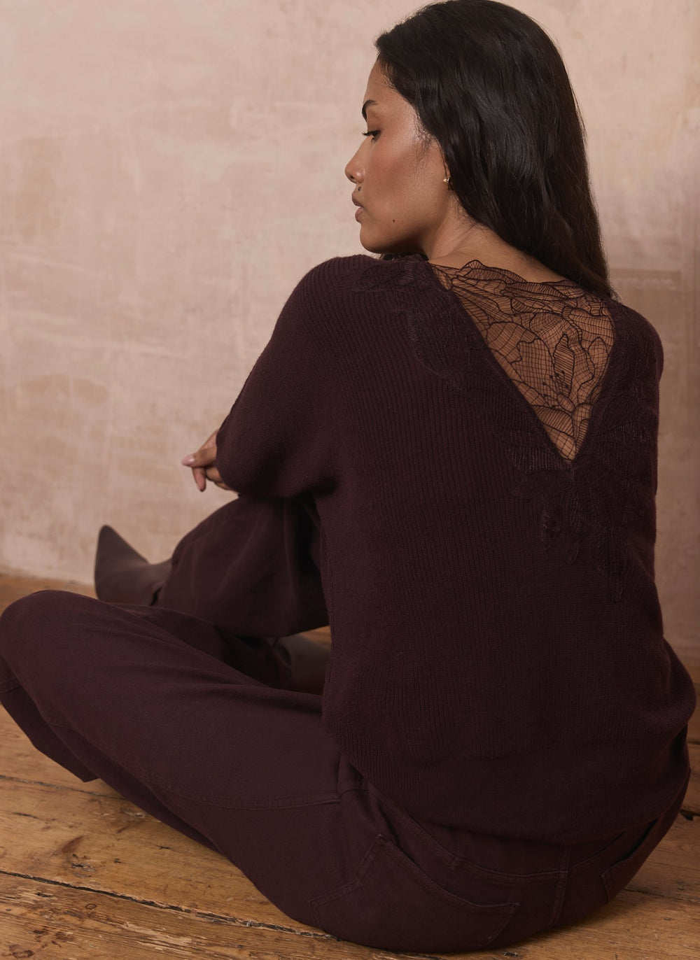 Burgundy Lace Detail Batwing Jumper