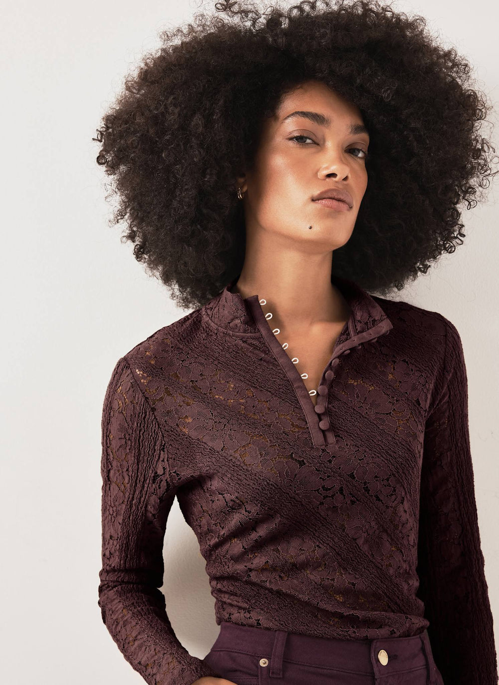 Burgundy Lace Button Detail Top