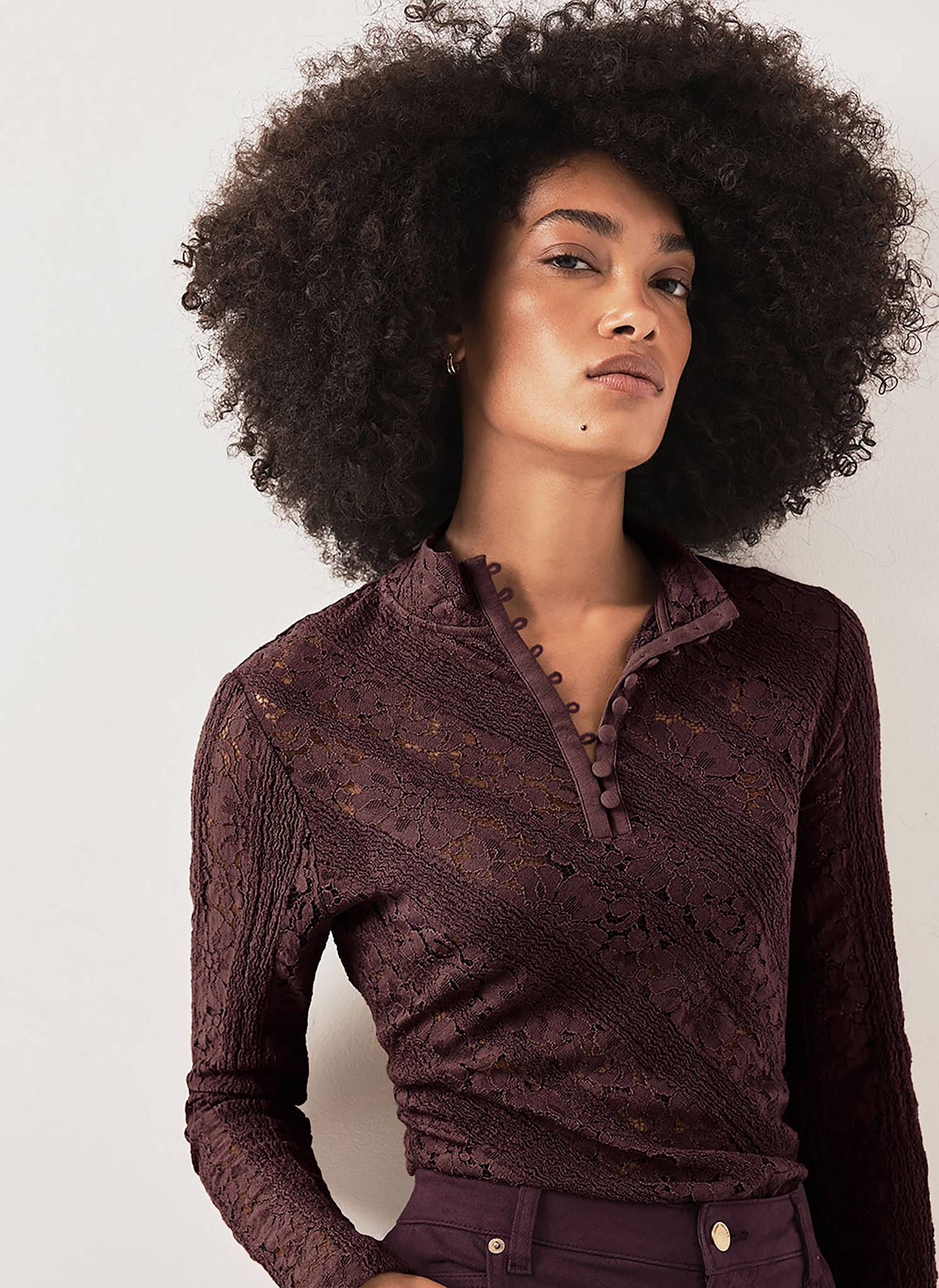 Burgundy Lace Button Detail Top – Mint Velvet