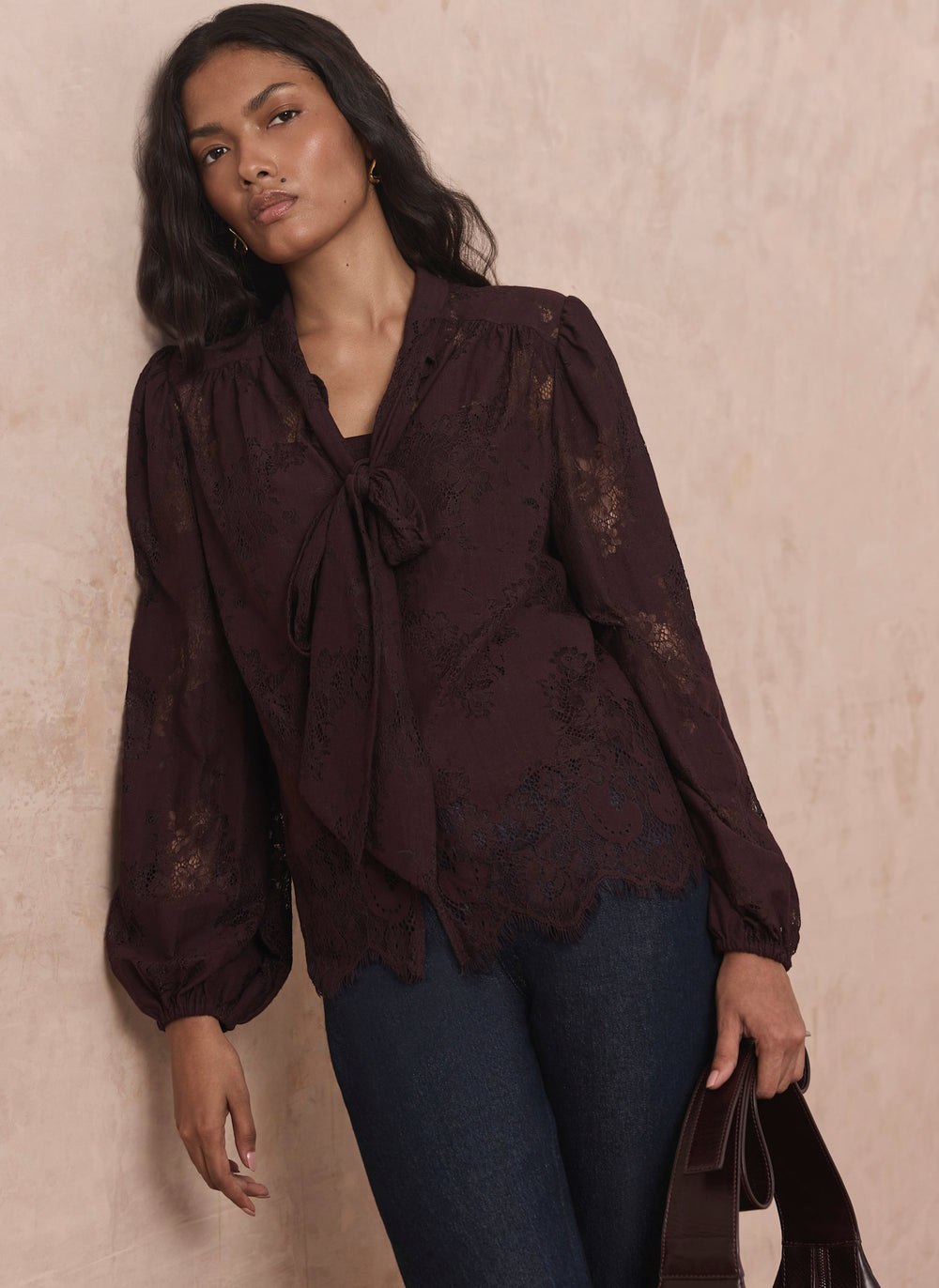 Burgundy Lace Pussybow Blouse