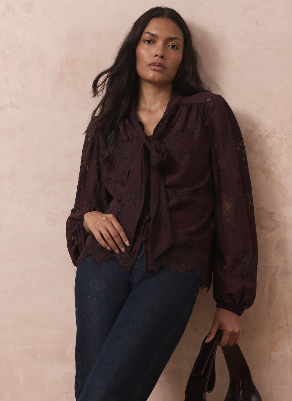 Burgundy Lace Pussybow Blouse