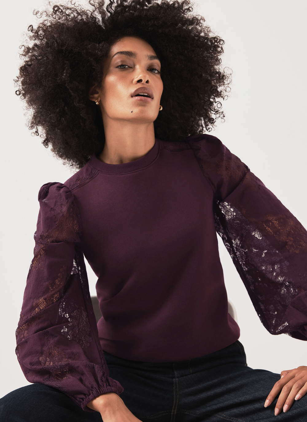 Burgundy Cotton Blend Lace Sleeve Sweatshirt
