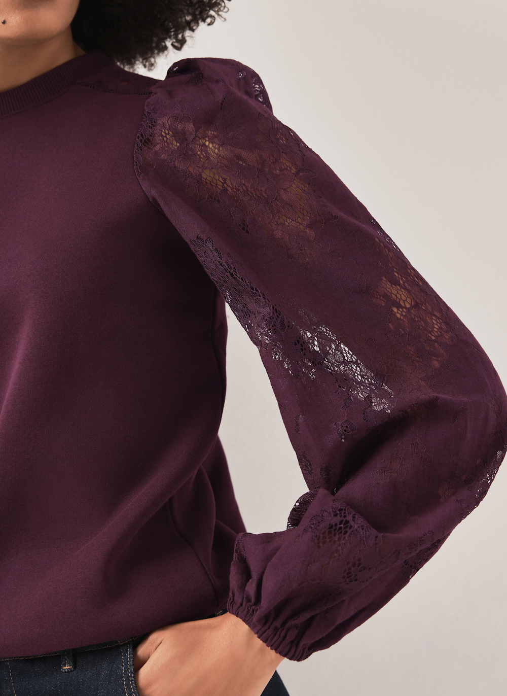 Burgundy Cotton Blend Lace Sleeve Sweatshirt