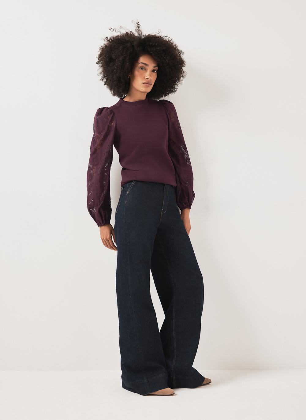 Burgundy Cotton Blend Lace Sleeve Sweatshirt