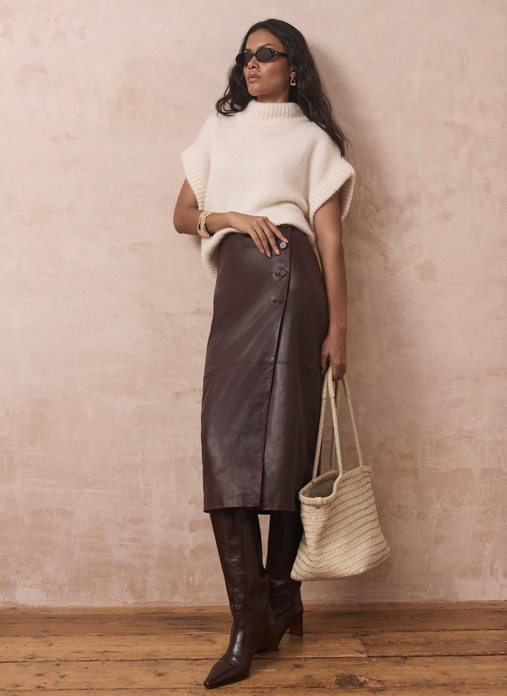 Burgundy Leather Wrap Midi Skirt