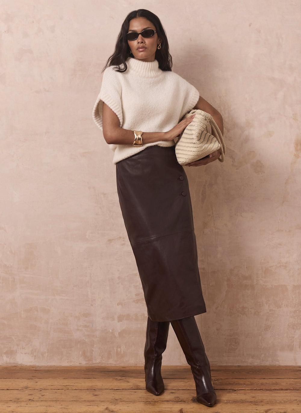 Burgundy Leather Wrap Midi Skirt