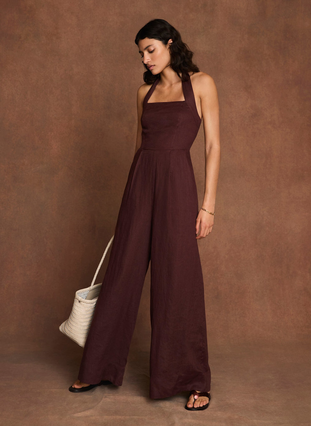 Burgundy Linen Halter Jumpsuit