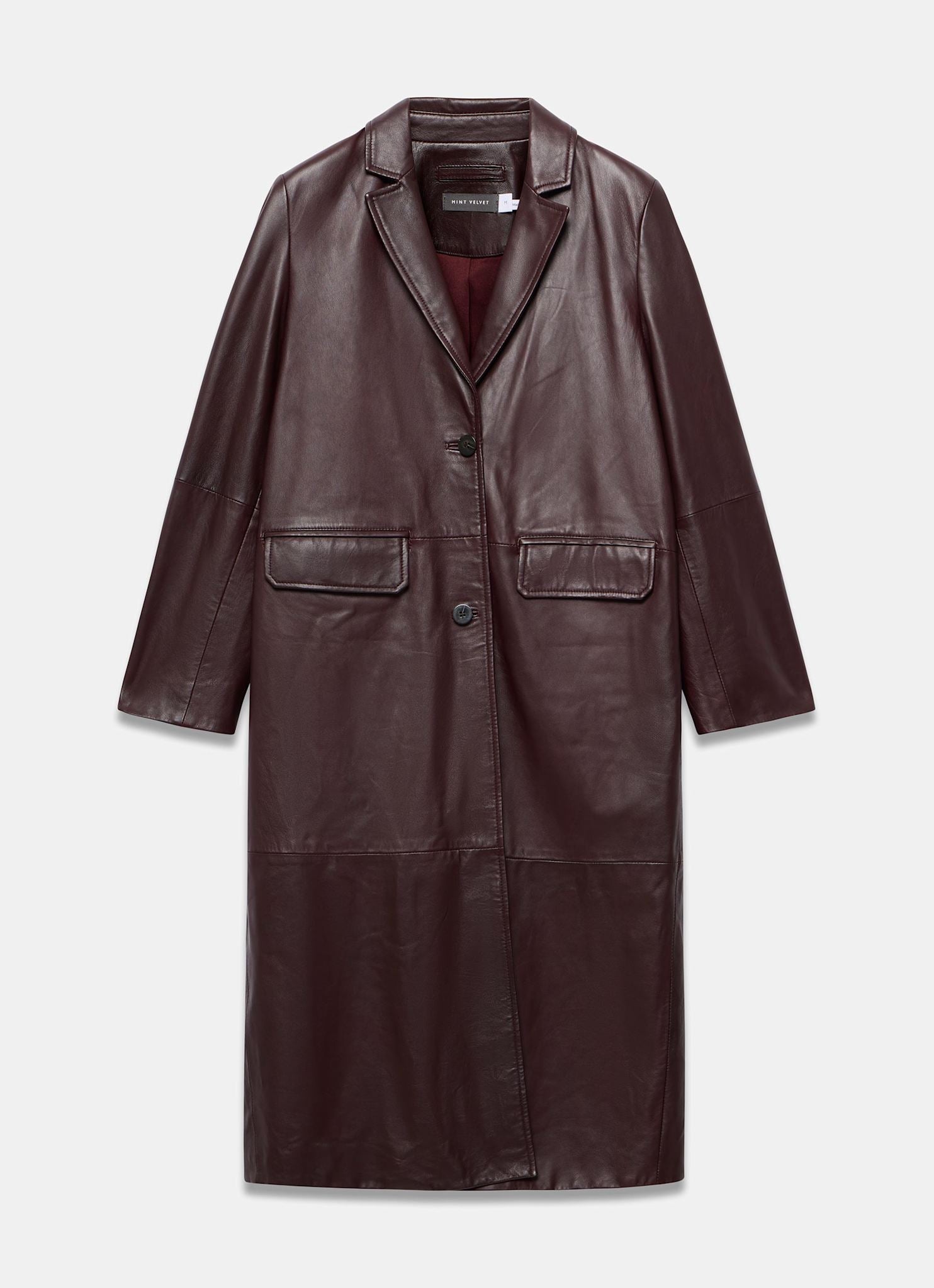 Burgundy Leather Longline Coat – Mint Velvet