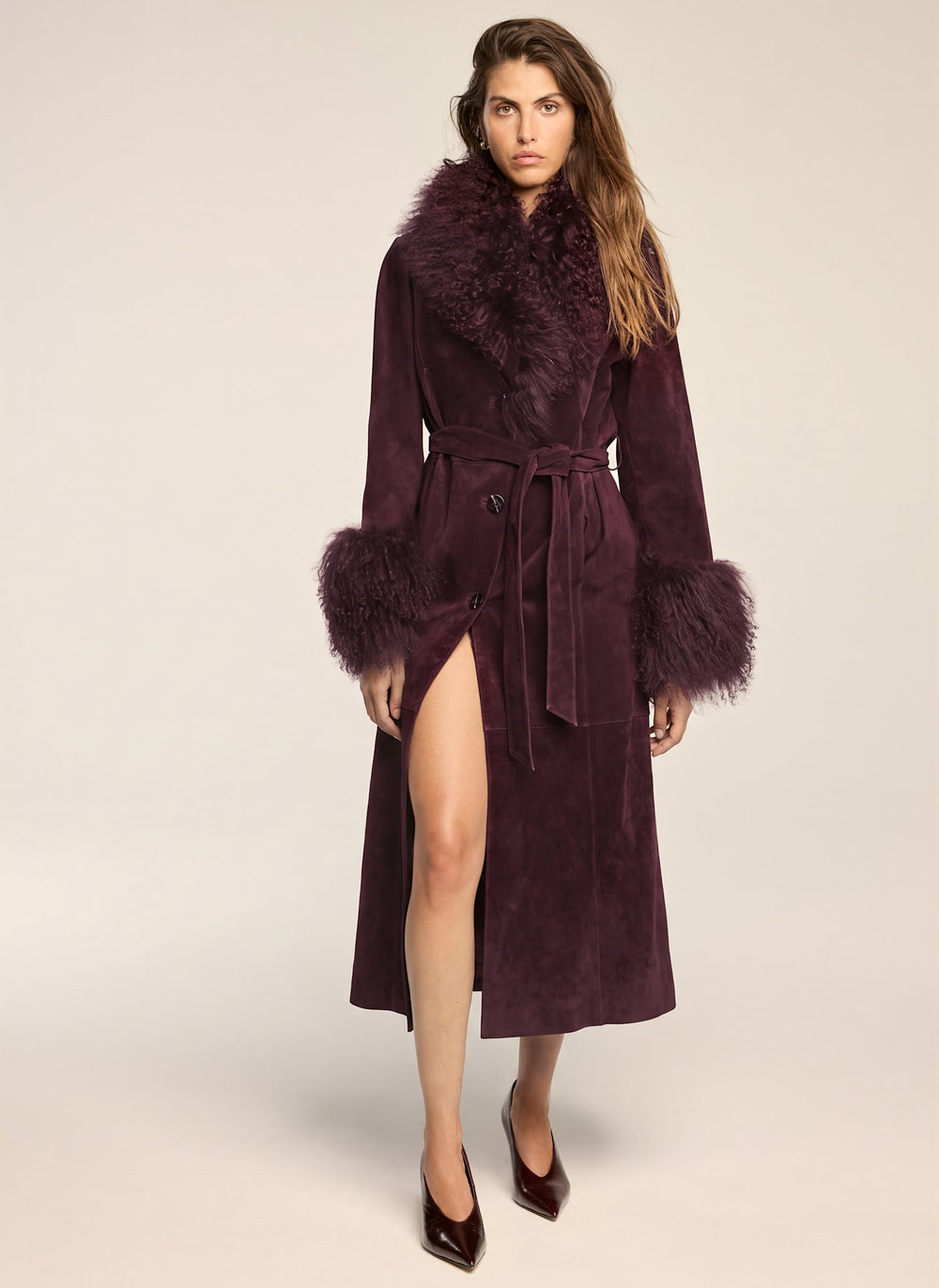 Burgundy Suede Mongolian Fur Trim Coat