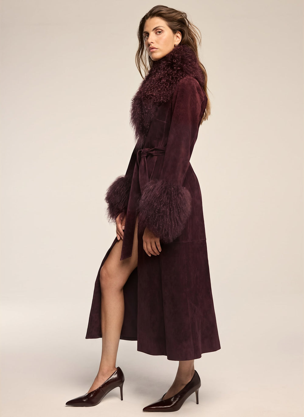 Burgundy Suede Mongolian Fur Trim Coat