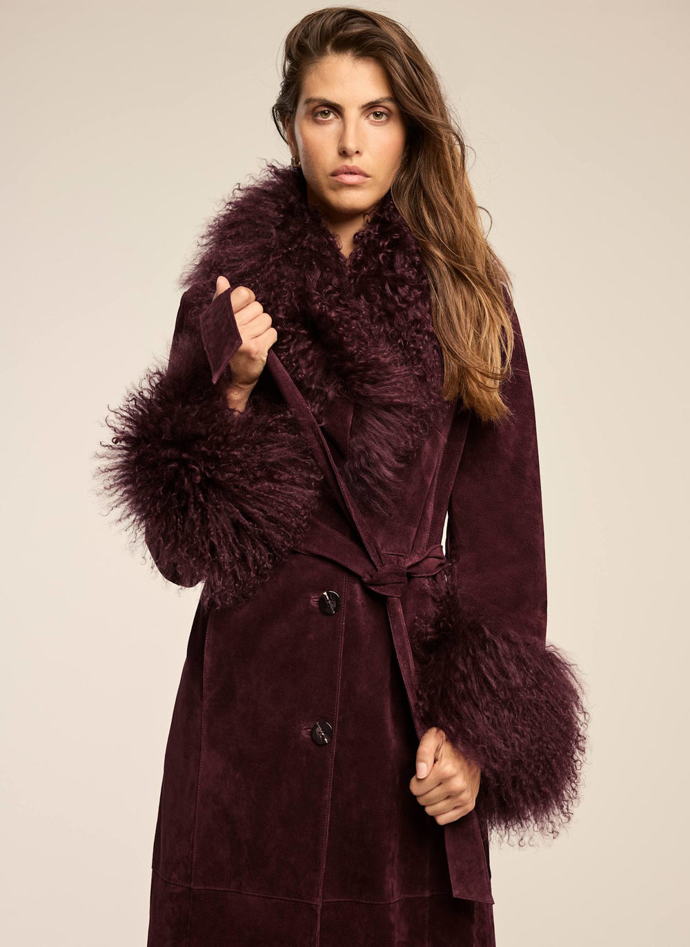 Burgundy Suede Mongolian Fur Trim Coat
