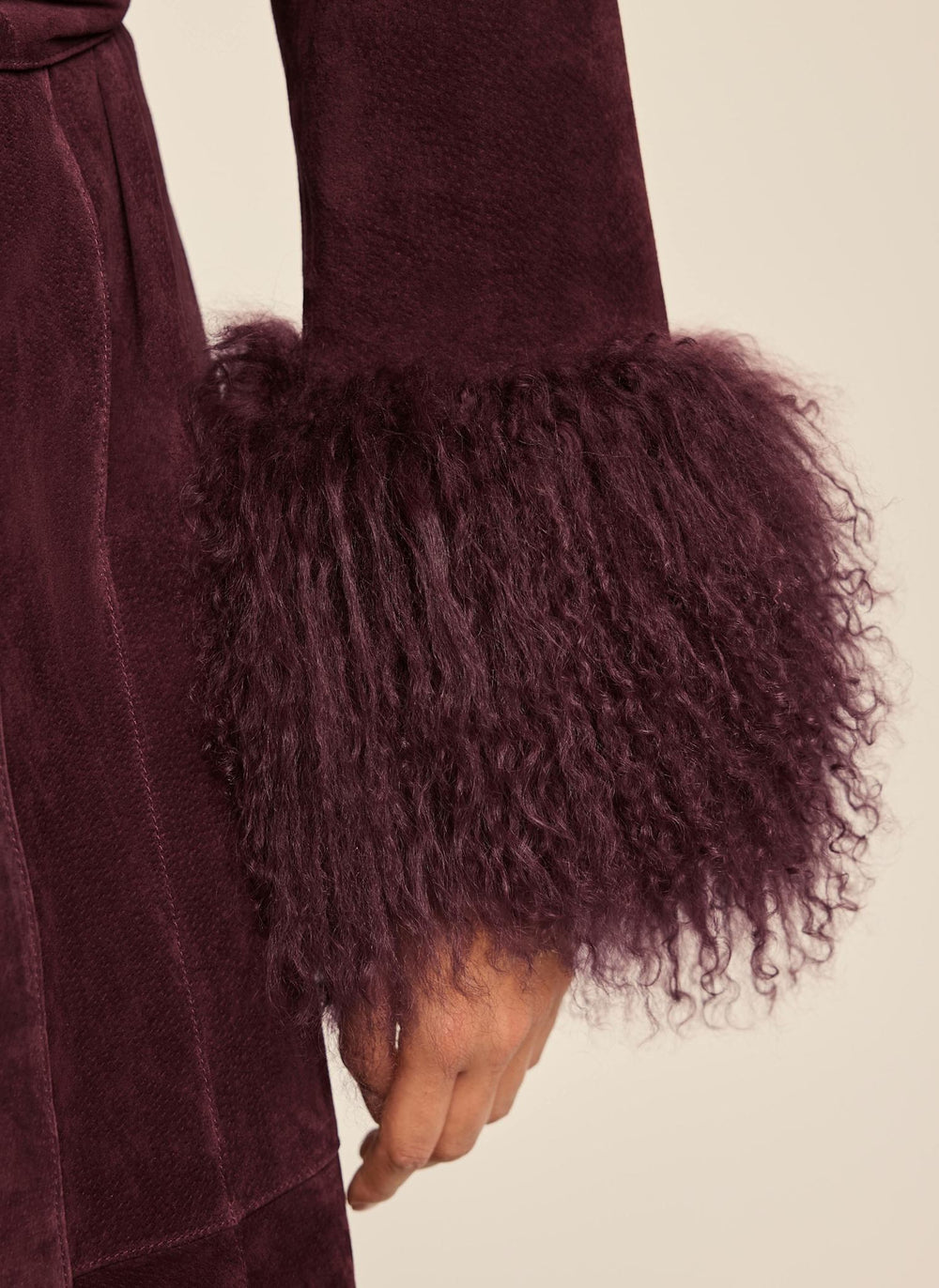Burgundy Suede Mongolian Fur Trim Coat