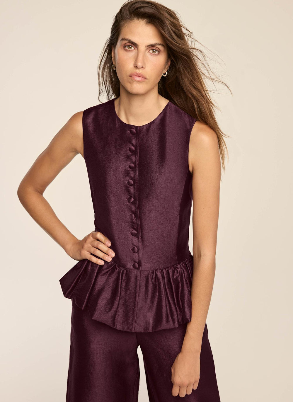 Burgundy Peplum Detail Top
