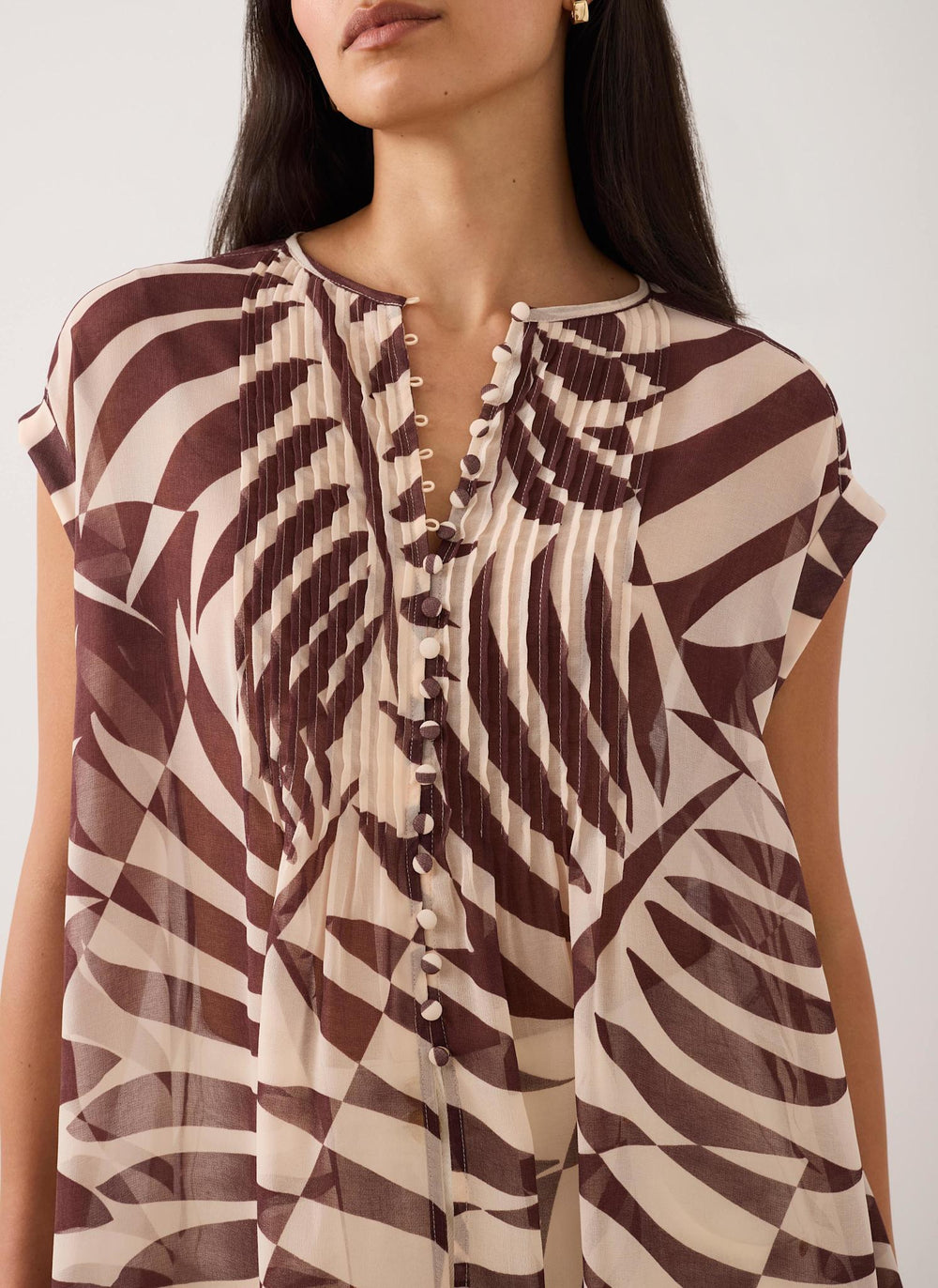 Burgundy Palm Print Sheer Tunic Top