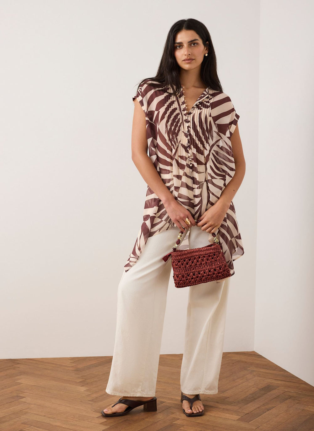 Burgundy Palm Print Sheer Tunic Top