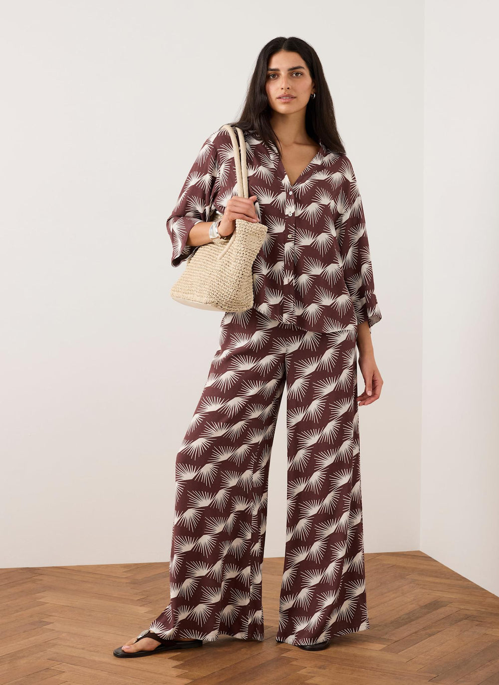 Burgundy Graphic Print Wide Leg Trousers
