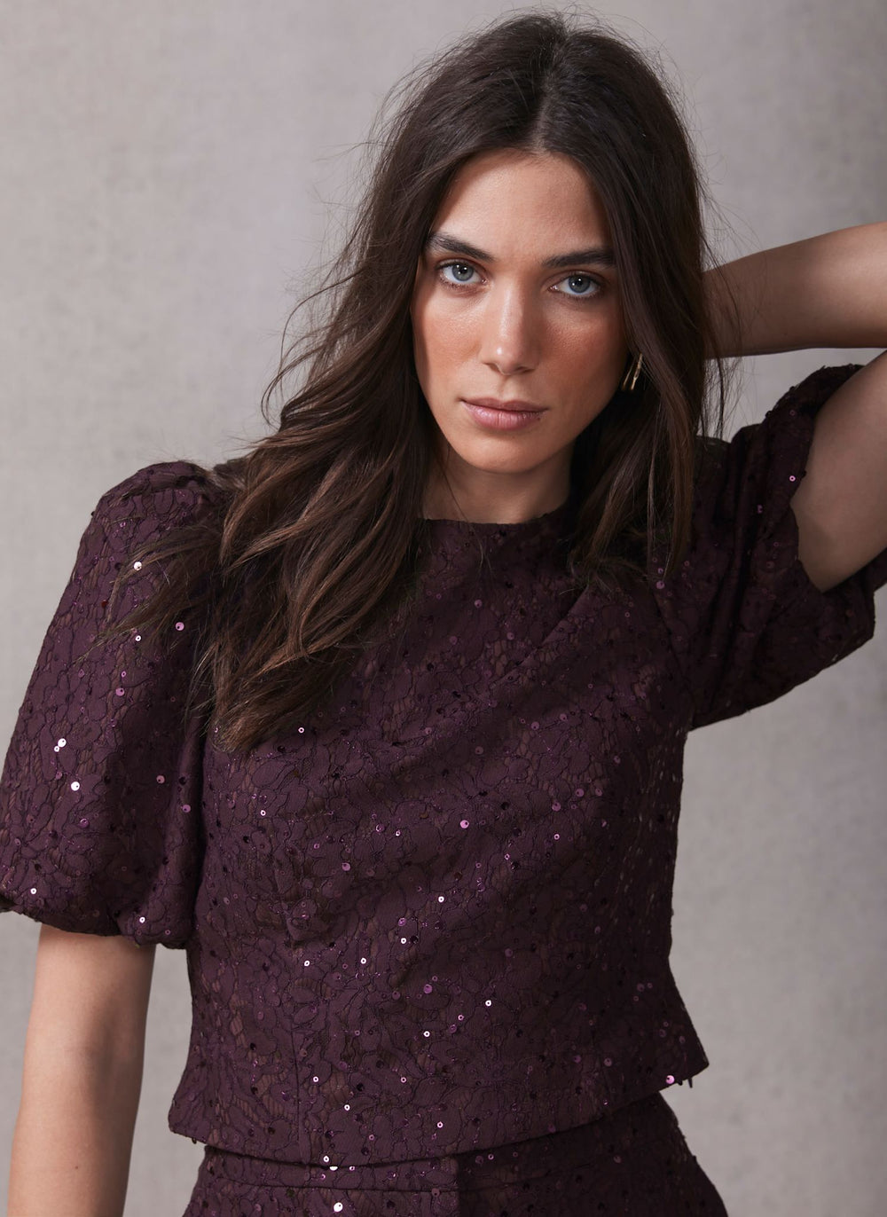 Burgundy Sequin Lace Puff Sleeve Top – Mint Velvet