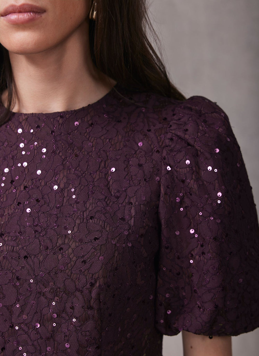 Burgundy Sequin Lace Puff Sleeve Top – Mint Velvet