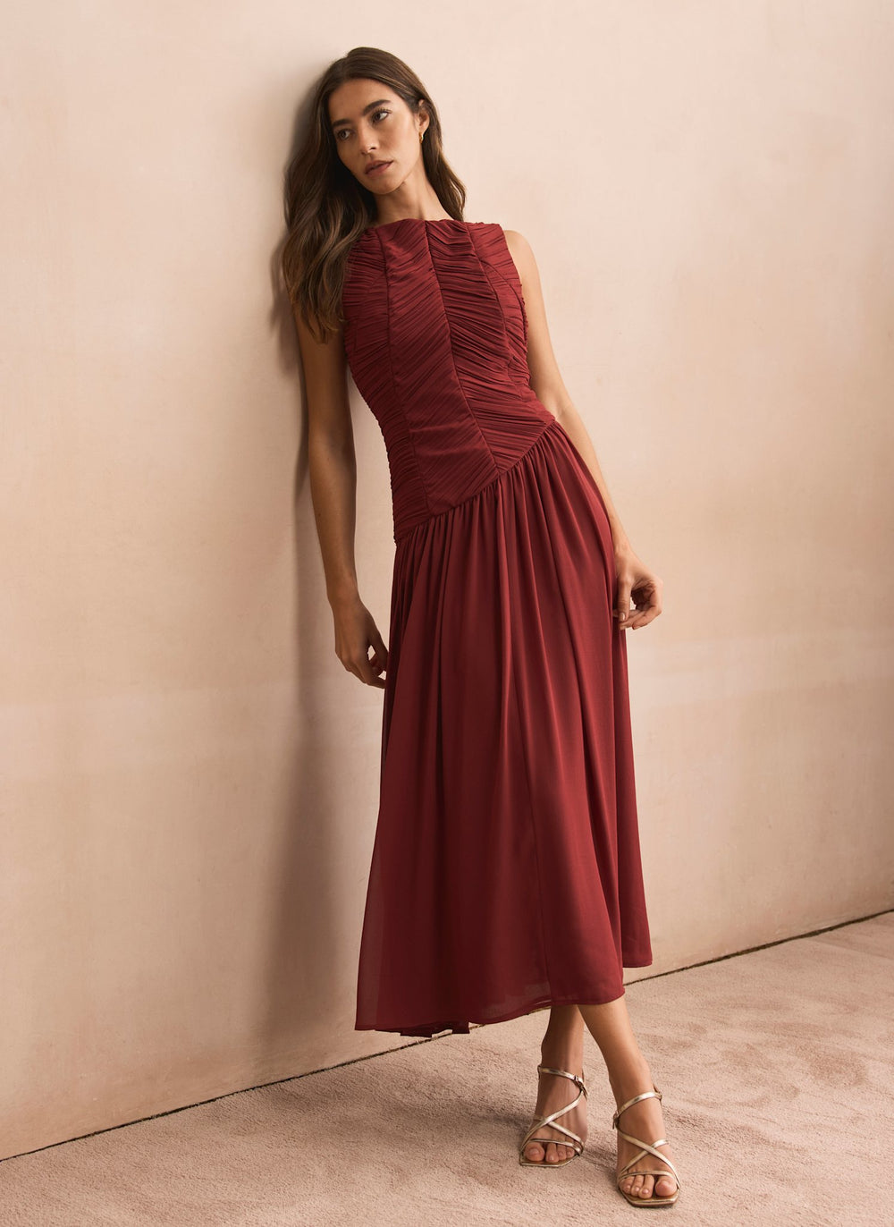 Burgundy Ruched Detail Midi Dress