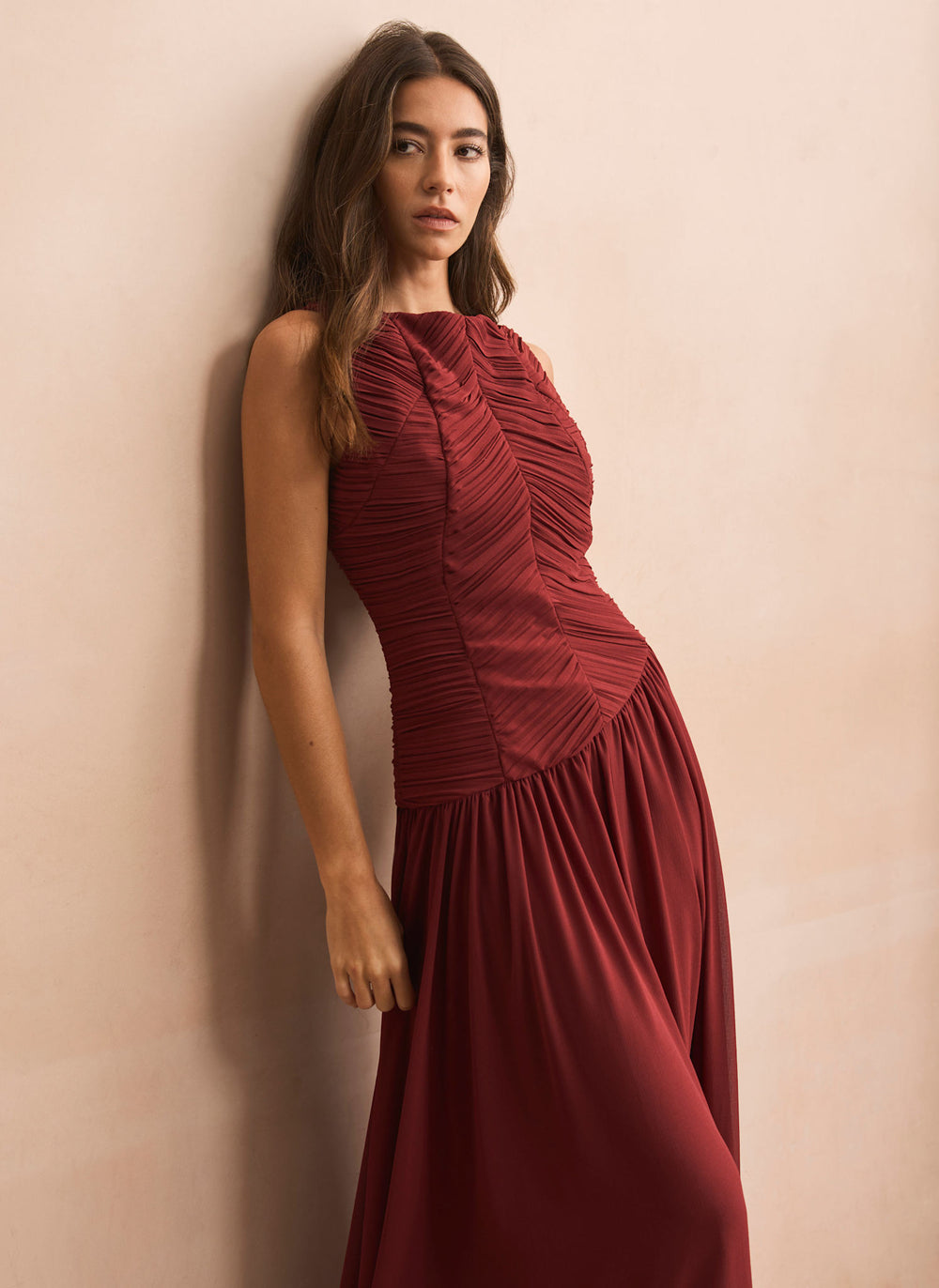 Burgundy Ruched Detail Midi Dress