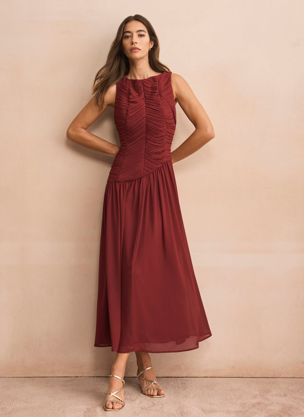 Burgundy Ruched Detail Midi Dress