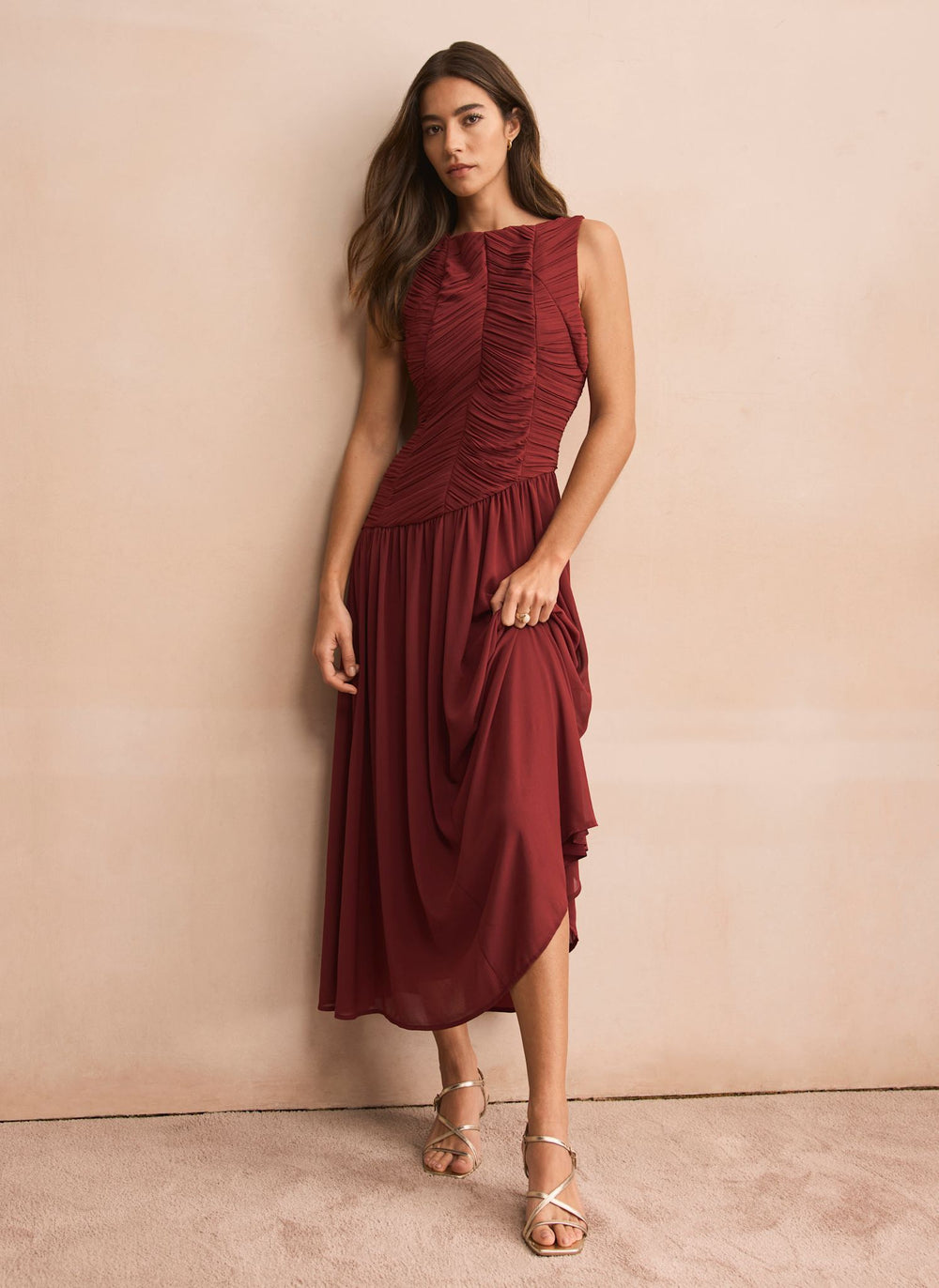 Burgundy Ruched Detail Midi Dress