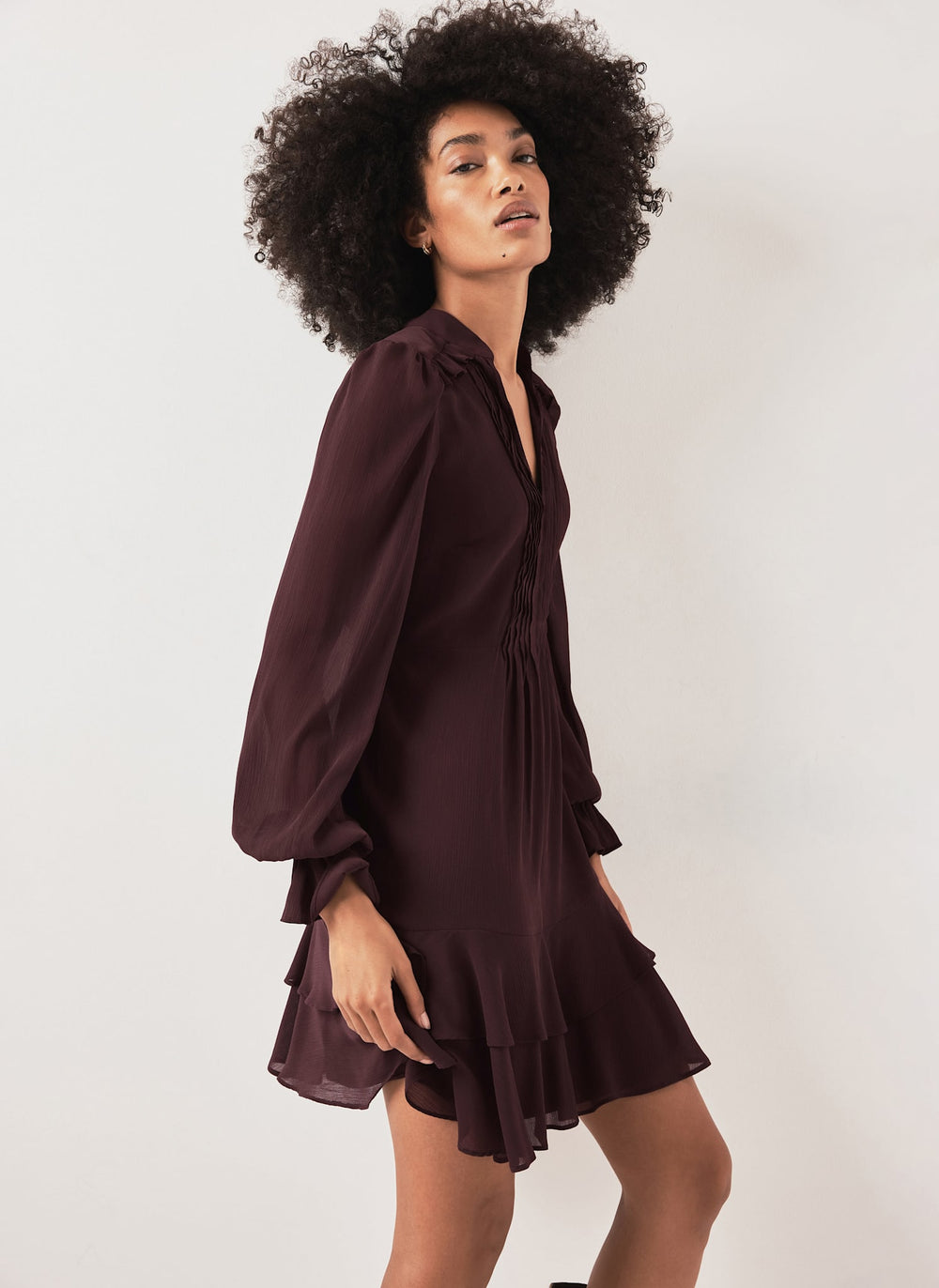 Mint Velvet Women's V-Neck Long-Sleeve Ruffle Mini Dress