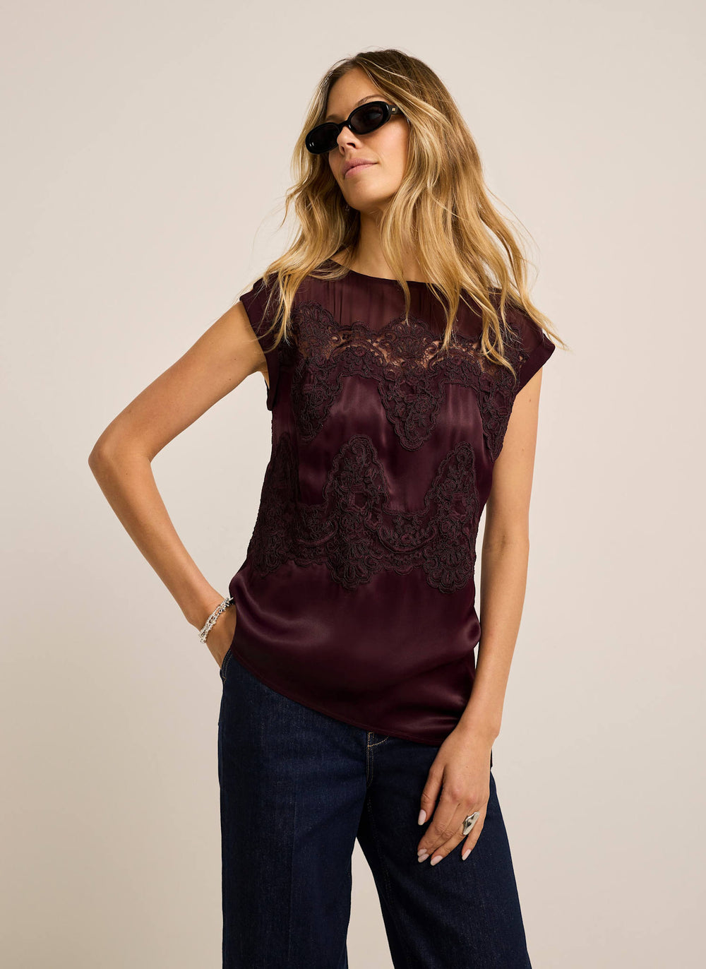 Burgundy Satin Lace Detail Top