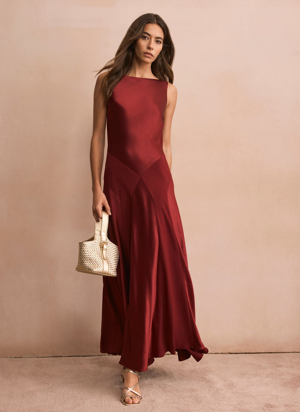 Burgundy Satin Panelled Maxi Dress