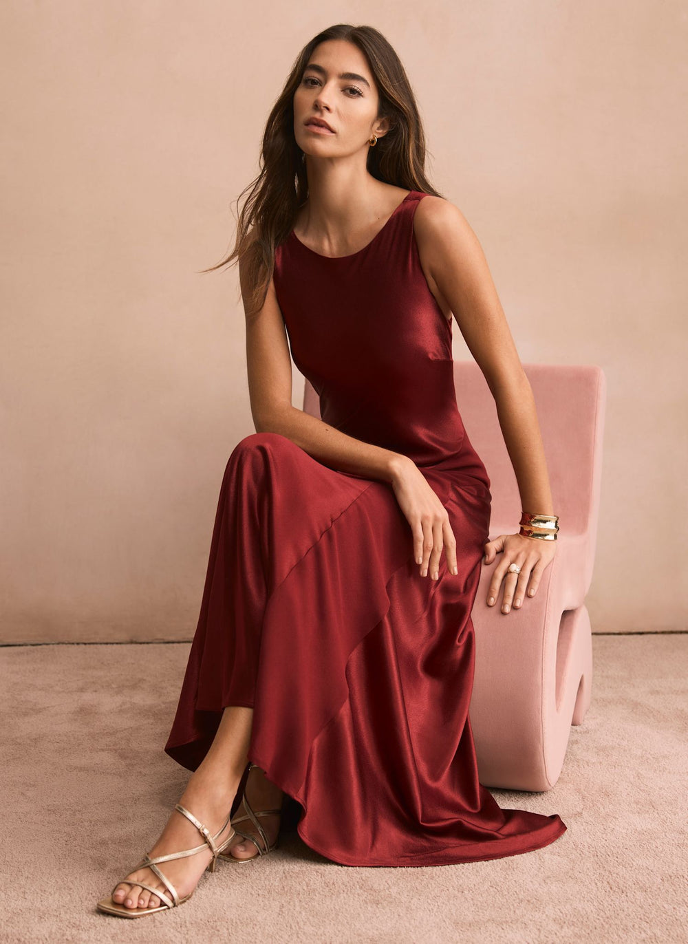 Burgundy Satin Panelled Maxi Dress
