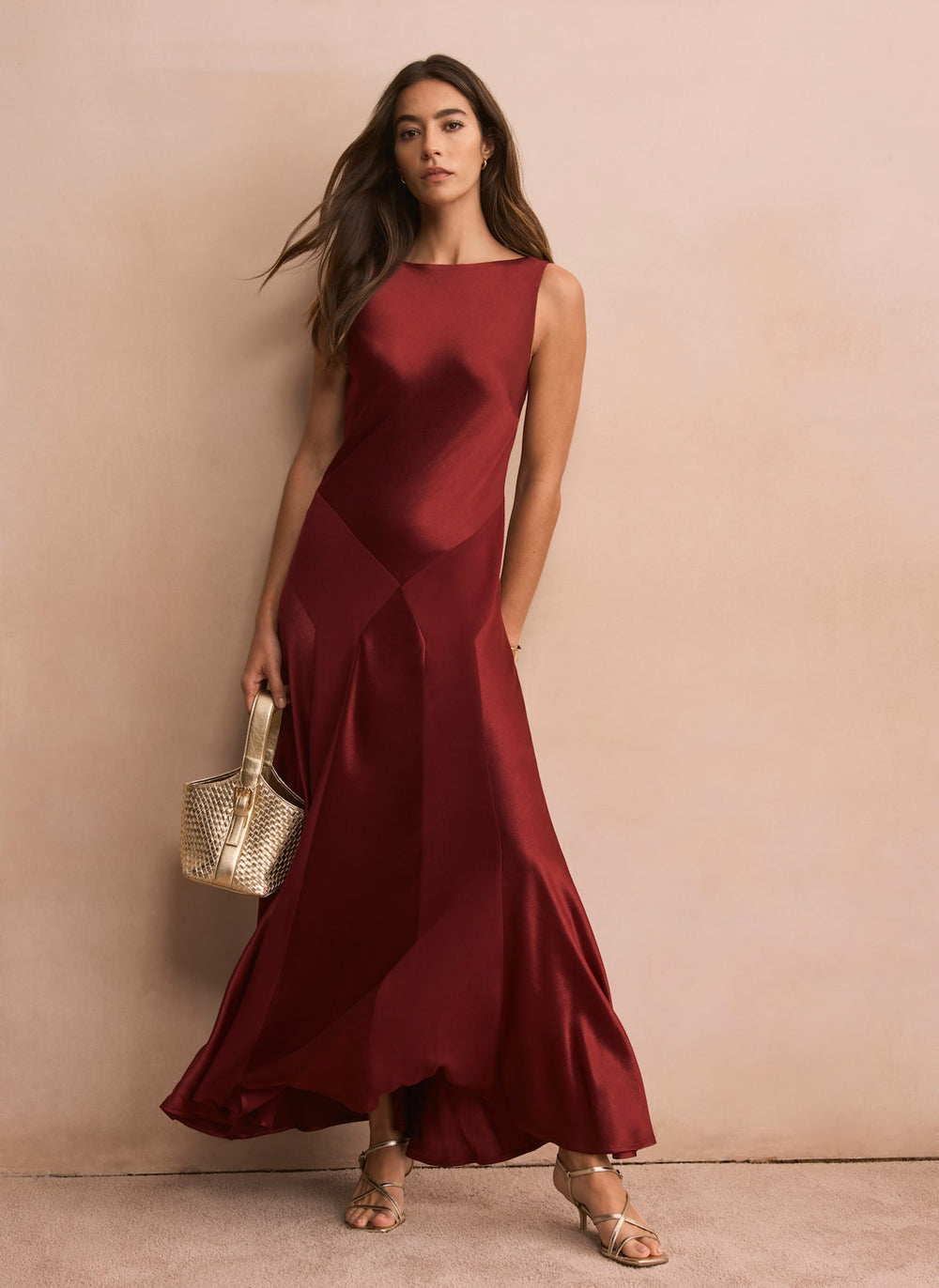 Mint Velvet Oxblood Satin Panelled Maxi Dress | Size 14 | Red | Sleeveless
