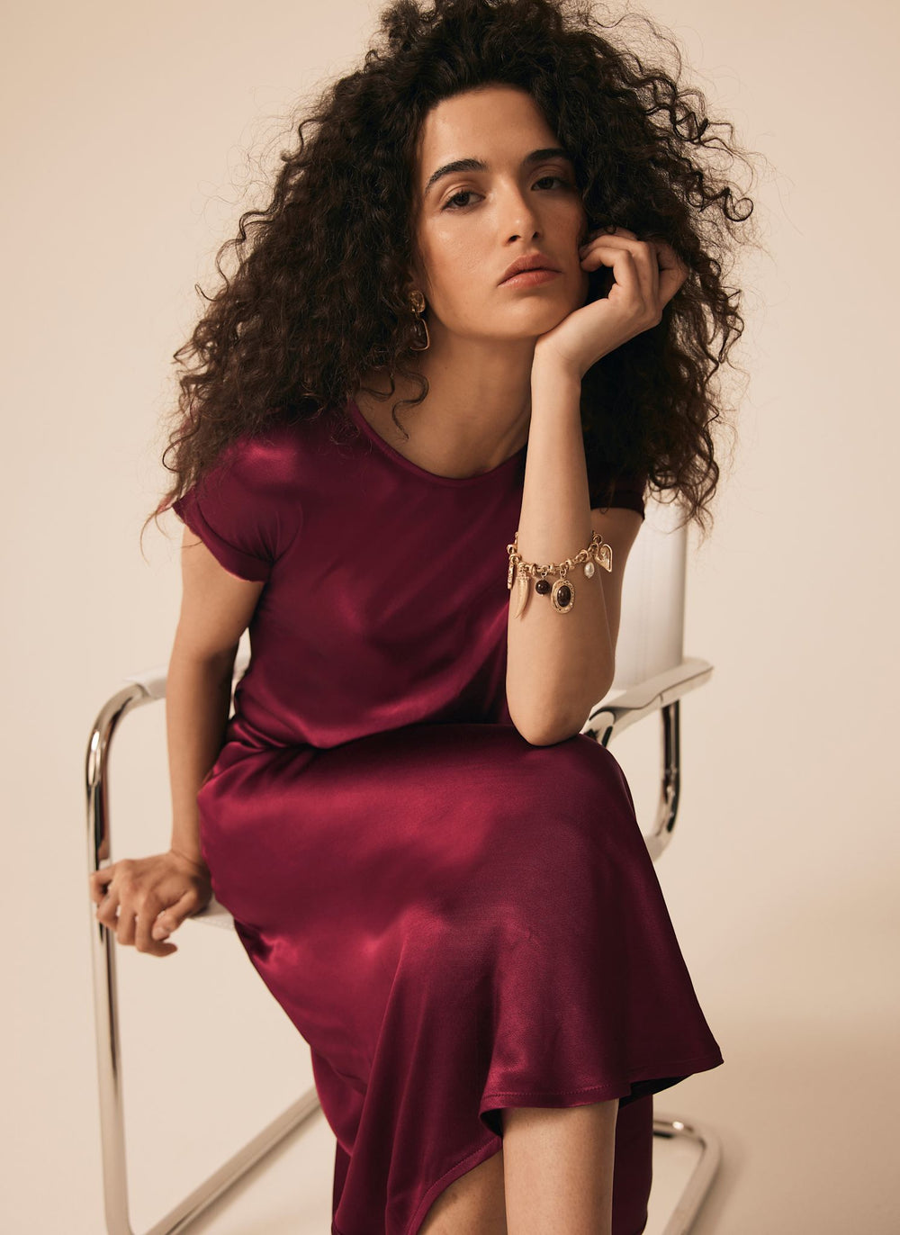 Burgundy Satin Midi Dress