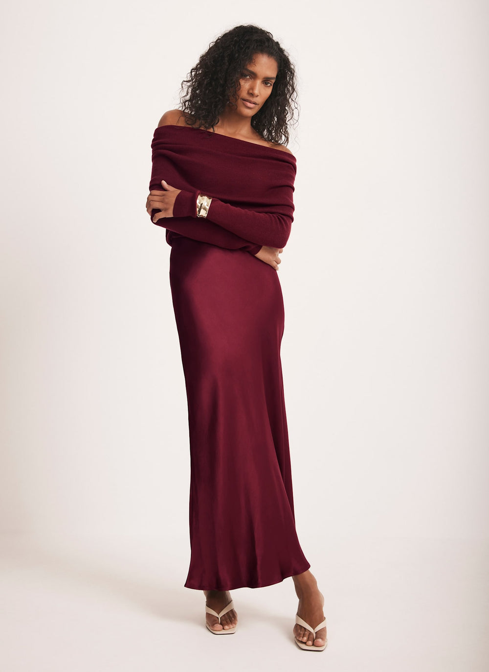 Burgundy Satin Slip Midi Skirt