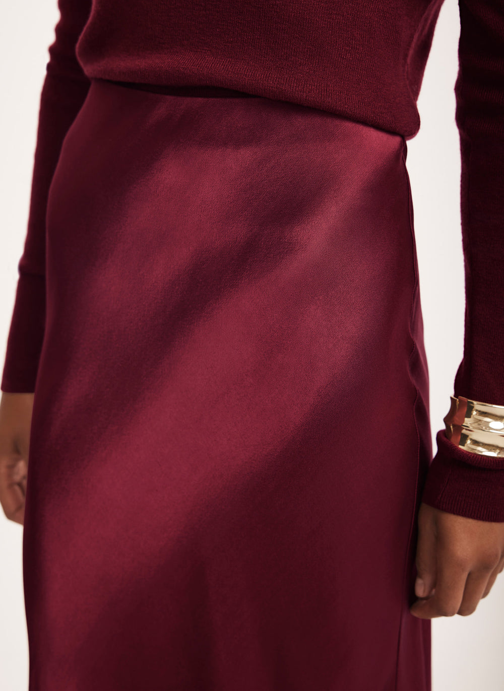 Burgundy Satin Slip Midi Skirt