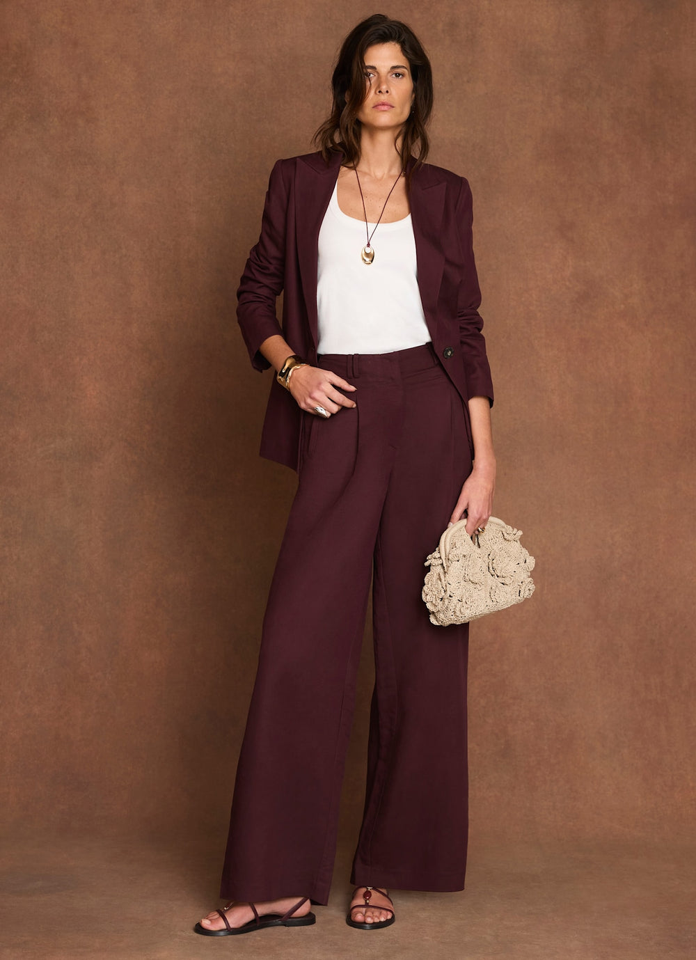 Burgundy Linen Blend Single Breasted Blazer